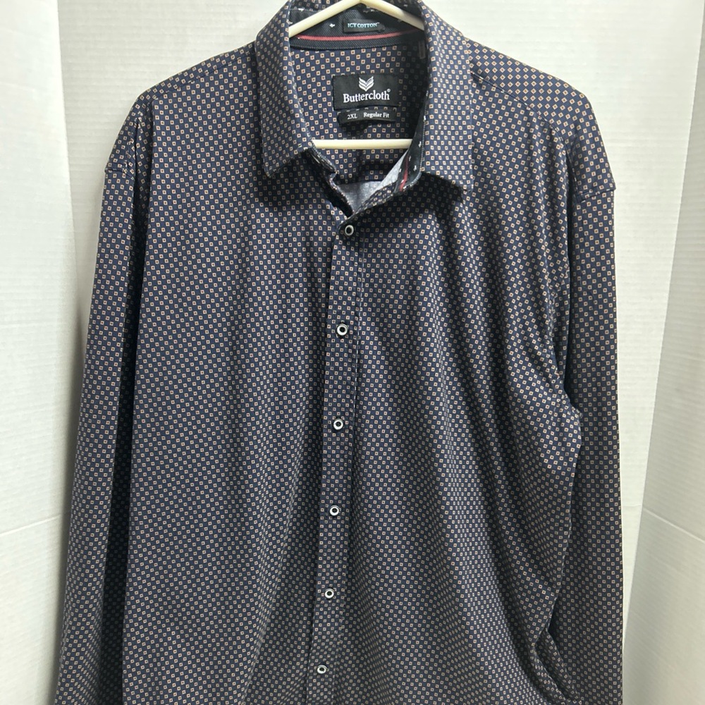 Buttercloth Shirt Mens 2XL Blue Geometric Icy Cotton Regular Fit Long Sleeve
